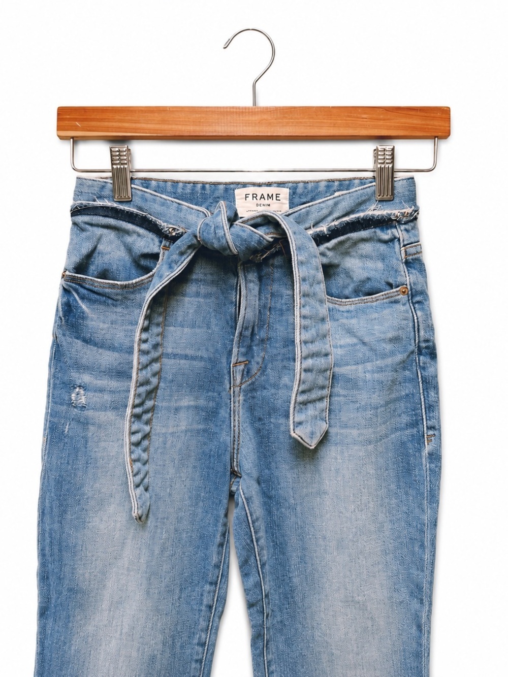 FRAME Le High Straight Tie Waist Jeans Frayed Hem Faded Blue Wash, Size 25 - Picture 3 of 12